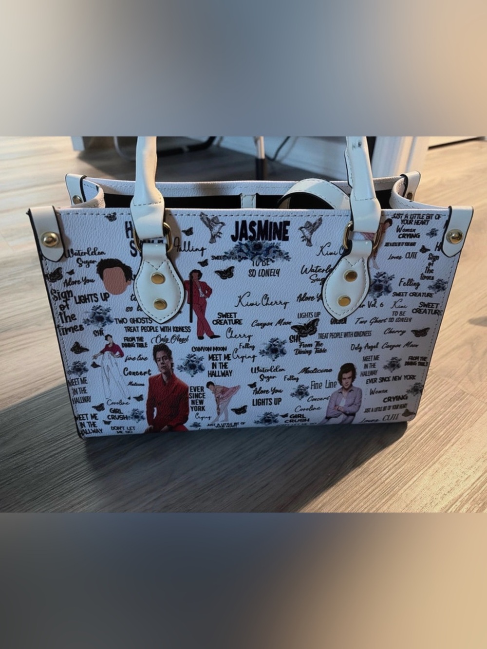 Harry Styles Printed Tote with Music Lyric and Portrait Motif